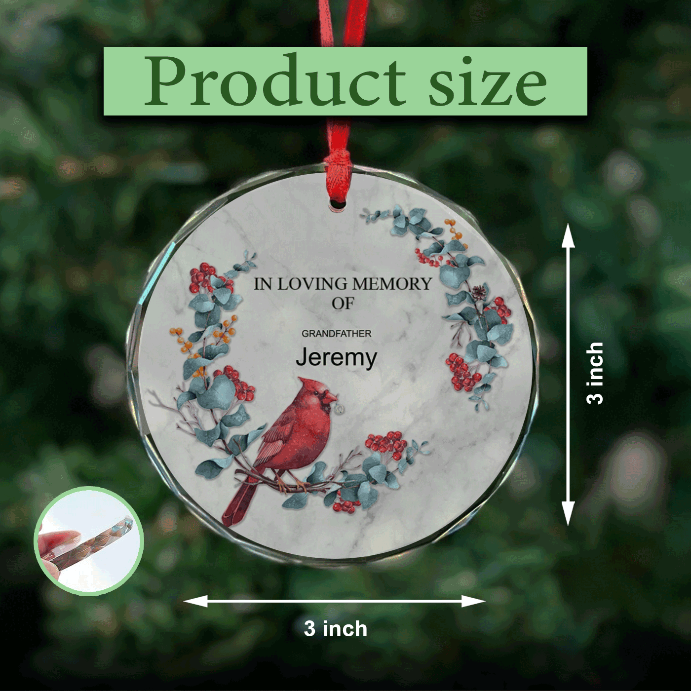 Remembered With Love | Christmas | Cardinal and Floral Wreath | Personalised Glass Ornament